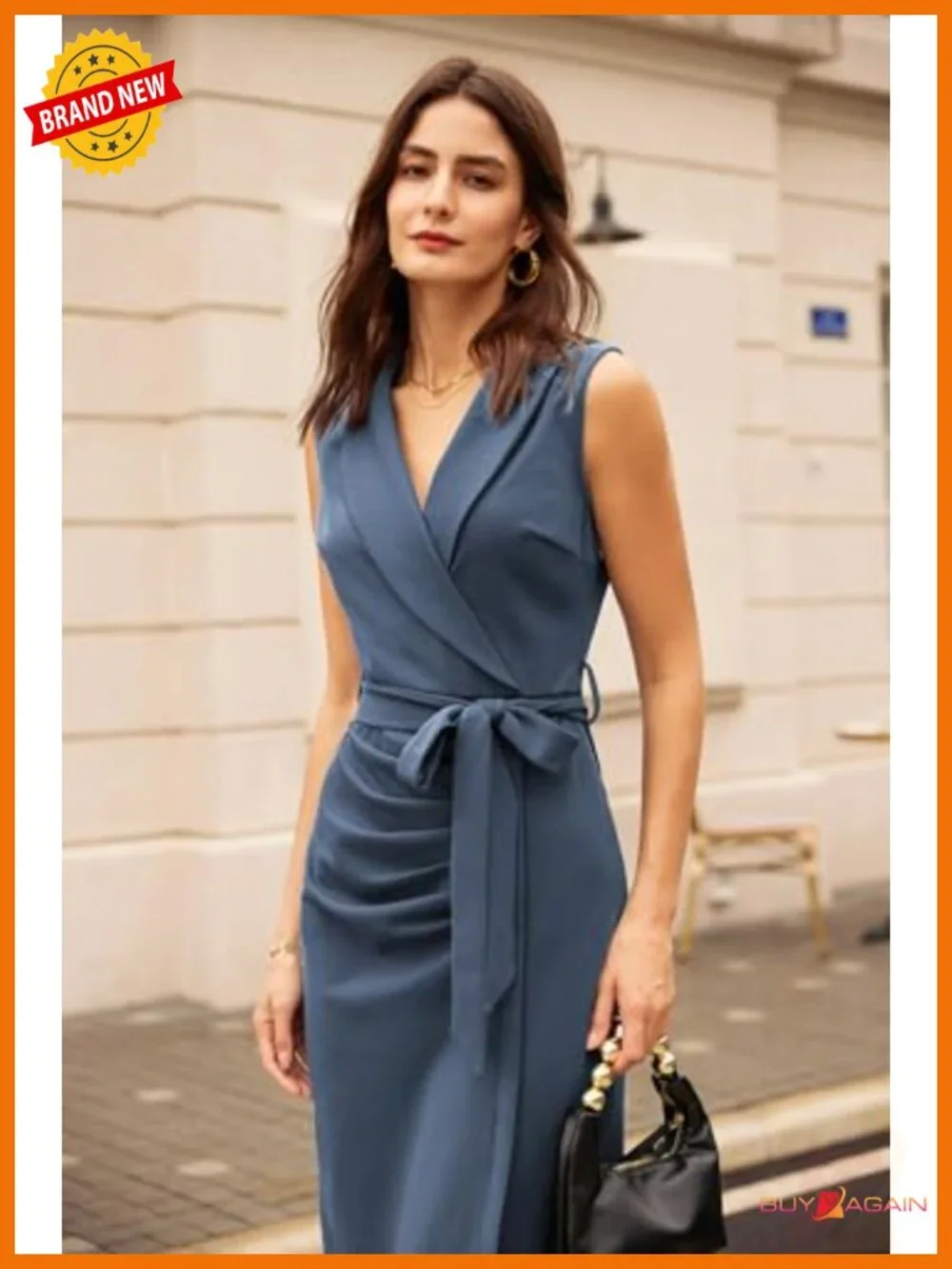 Womens Ruched Bodycon Midi Work Dress Sleeveless V Neck Belted Office